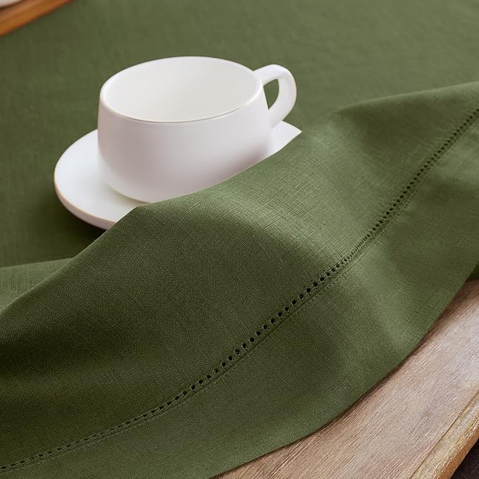 Solino Home Linen Olive Table Runner 72 Inches Long - 100% Pure Linen Hemstitch Table Runner 14 x 72 Inch for Dresser, Dining, Fall, Autumn, Thanksgiving - Classic Hemstitch