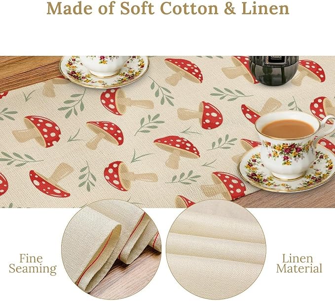 Mushroom Table Runner,Vintage Plant Print Table Runner for Kitchen Dining Table Home Party Decoration 13x120 Inch
