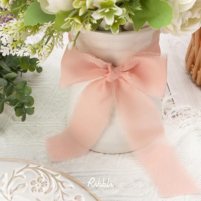 Ribbli Chiffon Ribbon 1.5 inch x 30 Yard Handmade Silk Ribbon, Ivory/Blush Pink/Sage Green Fringe Chiffon Ribbon for Wedding Invitations, Bridal Bouquets Wrapping, Flower Arrangement Decoration