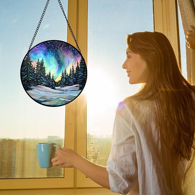 Stained Glass Window Hanging, Aurora Landscape Sun Catchers Glass Panel Green Trees Suncatcher Decor for Birthday for Women, Men, Wife, Aunt, and Mom 7.8 in