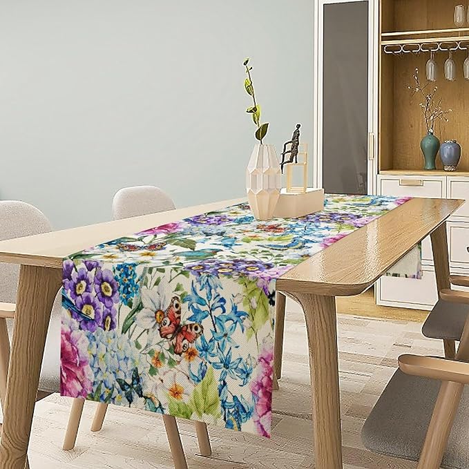 Brown Bird Floral Table Runner Spring Flower Kitchen Table Decoration Suitable for Family Dinner Decoration 13x120 Inch