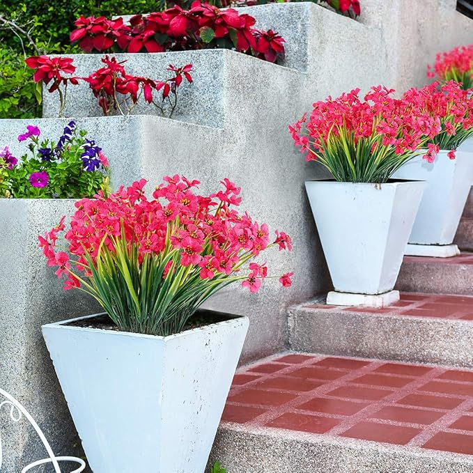 12 Bundles Artificial Flowers Outdoor UV Resistant Fake Flowers No Fade Faux Plastic Plants Garden Porch Window Box Decorating(Rose red)