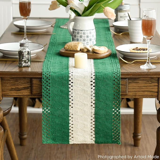 Artoid Mode Dark Green Farmhouse Rustic Table Runner, Seasonal Hollow Kitchen Dining Table Decoration for Home Party Decor 12x36 Inch