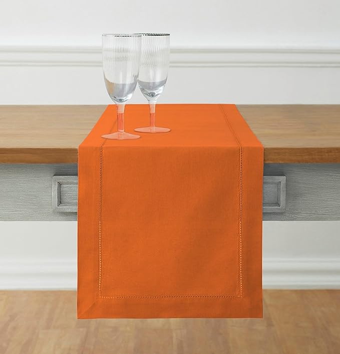 Solino Home Cotton Linen Pumpkin Table Runner 72 Inches Long - Hemstitch Table Runner 14 x 72 Inch for Dresser, Dining, Fall, Autumn, Halloween, Thanksgiving, Holiday