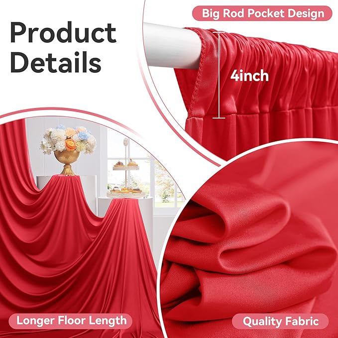 50ftx12ft Wrinkle Free Red Backdrop Curtain, 10 Panels 12FT Height Red Wedding Backdrop Drapes, Silky Polyester Back Drop Cloth for Birthday Photography Background Party Backdrop Draping