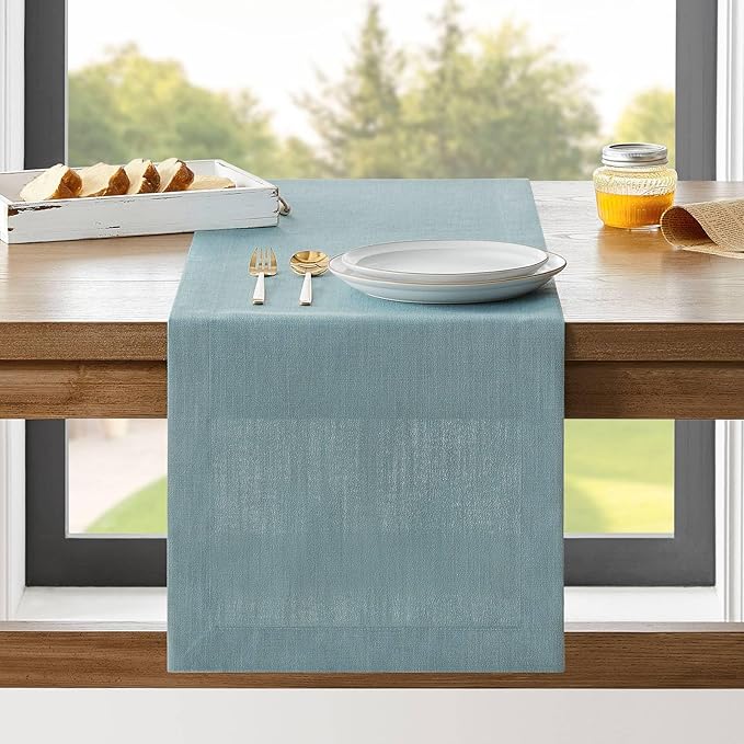 ZeeMart Linen Textured Border Table Runner, 14 x 48 Inch Blue, Farmhouse Style Dusty Blue Table Runners 48 Inches Long, Easy Care Everyday Polyester Table Runner