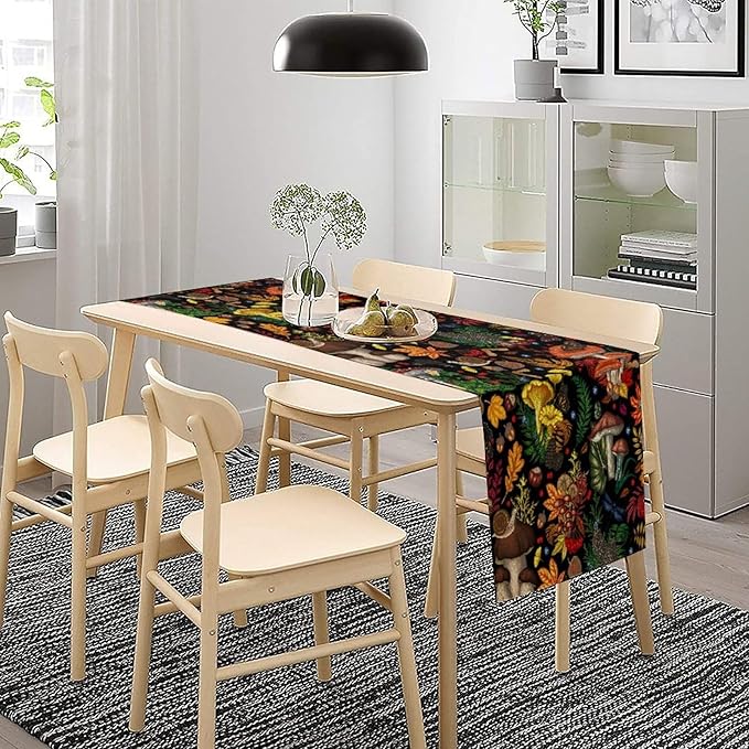Nature Mushroom Table Runner,Retro Boho Floral Botanical Plant Forest Pattern Print Tablecloth Burlap for Hotel Indoors Outdoor Dining Room Kitchen Holiday Party, 13x90in