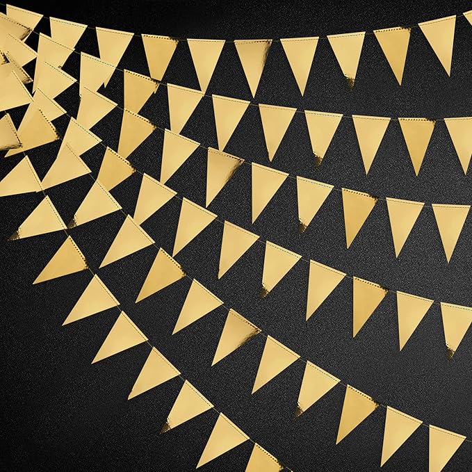 40Ft Gold Party Decoration Triangle Flag Banner Double Sided Metallic Paper Pennant Bunting Garland for Graduation Wedding Bridal Shower Birthday Bachelorette Engagement Anniversary Hen Party Supplies