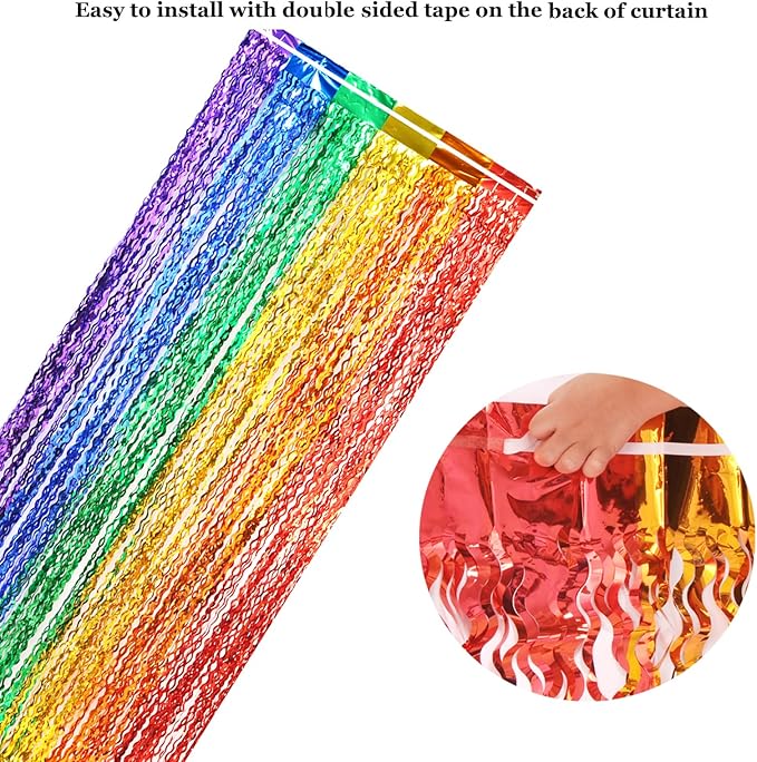 4 Pack Wavy Rainbow Foil Fringe Curtains - Colorful Party Decorations 3.3x6.6ft Tinsel Metallic Streamers Holiday Photo Booth Props Backdrop for Birthday Wedding Engagement