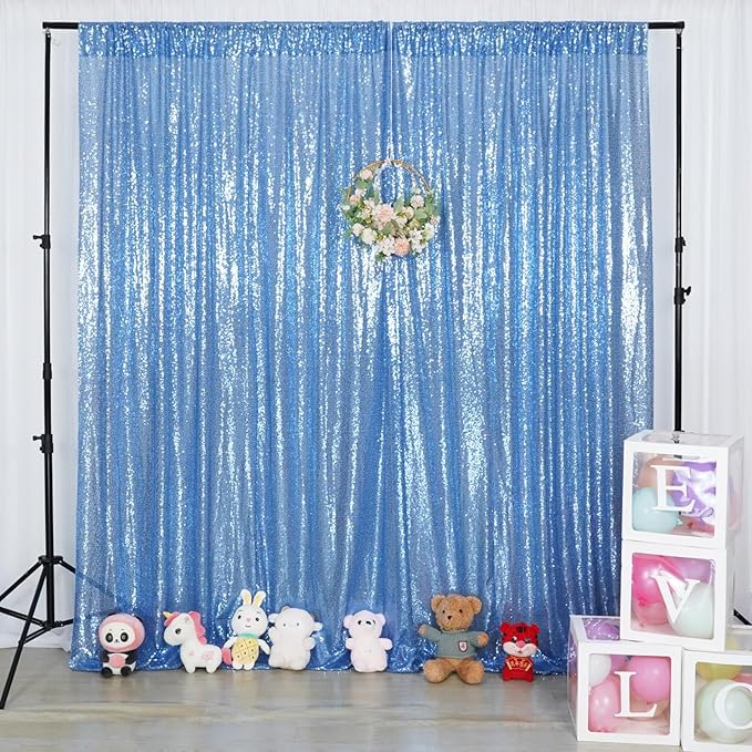 Poise3EHome Baby Blue Sequin Backdrop Curtain,8FT x 10FT Sequin Photography Backdrop Curtain for Party Decoration