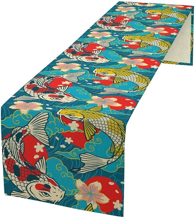 Japanese Kio Fish Table Runner Oriental Tradition Cherry Art Printed Burlap Runner Home Kitchen Dining Table Living Room Decor Fabric 1 Panel W13xL90in