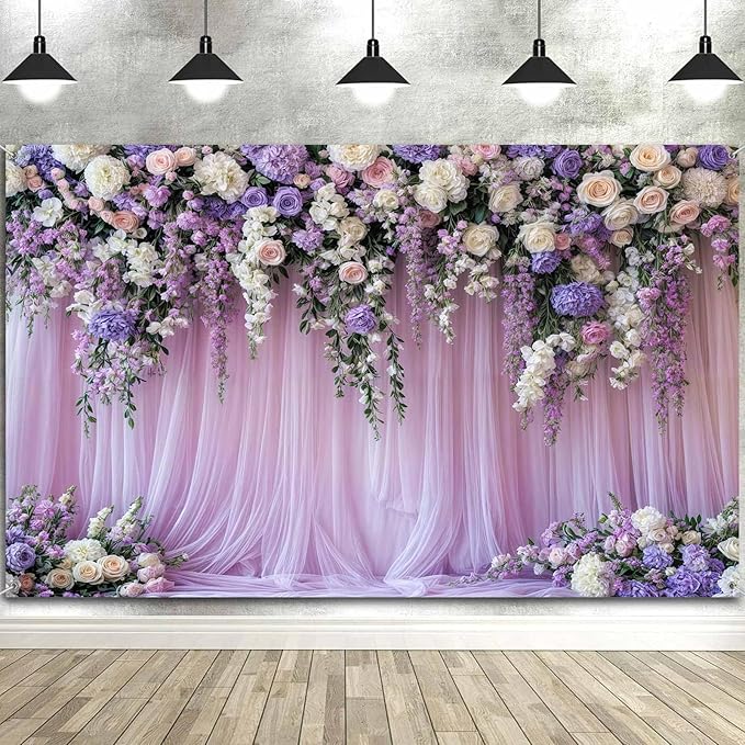 20x10ft Purple Lavender Floral Bridal Backdrop Wedding Flower Photography Backdrop for Girl Portrait Baby Shower Birthday Party Decor Banner Mother's Day Party Wall Backdrop Studio Photo Backgrounds