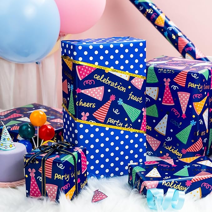 Yarcony Boys Birthday Wrapping Paper Roll - 17 Inch X 33 Feet - Reversible Metallic Foil Navy Blue Men Boy Gift Wrap Paper Blue Wrapping Paper for Birthday, Party, Baby Shower, Holiday, Father's Day