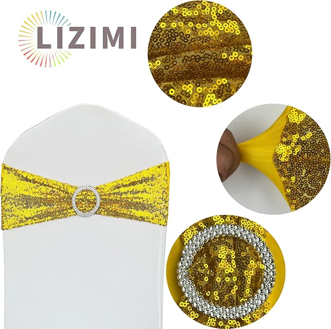 25 Pcs Sequin Chair Sashes Stretch Chair Bands Spandex Polyester Bows for Party Hotel Wedding Banquets Decoration -Gold
