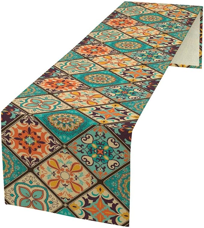 Boho Floral Table Runner,Vintage Bohemian Style Table Runner for Kitchen Dining Table Home Party Decoration 13x90 Inch