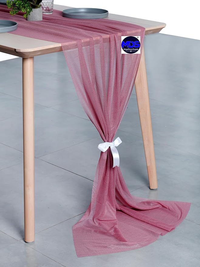 MDS 5 Pack 10ft Chiffon Table Runner 29 x 120 Inches Sheer Wedding Runner Romantic Rustic Table Runner for Wedding Decorations, Birthday Parties, Bridal Shower Party Arch Decor - mauva