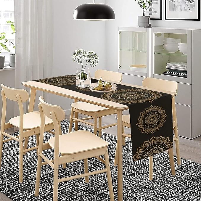 Golden Mandala Table Runner, Traditional Indian Gold Black Flower Vintage Luxury Bohemian Mandala Table Runner for Home Kitchen Dinning Table Indoor Outdoor Holiday, 13x90inch