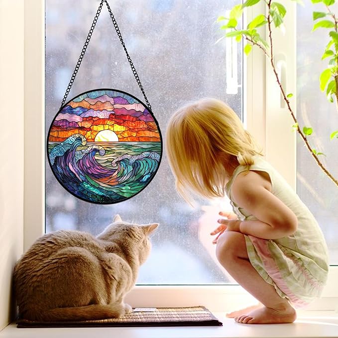 Stained Glass Window Hanging, Clouds and Sea Waves Suncatcher Diamond Glass Panel Hangings Scenery Sun Catchers Decor for Birthday for Women, Men, Wife, Aunt, and Mom 7.8 in