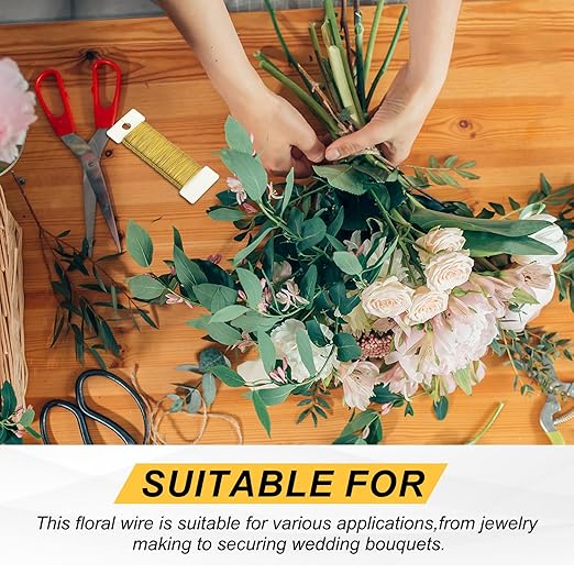 MECCANIXITY 114 Yards/345 Feet 27 Gauge Metal Floral Wire Gold Tone Flexible Paddle Thin Floral Wires for Craft, Christmas Wreath, Flower Arrangement, Wedding, Total 3 Roll