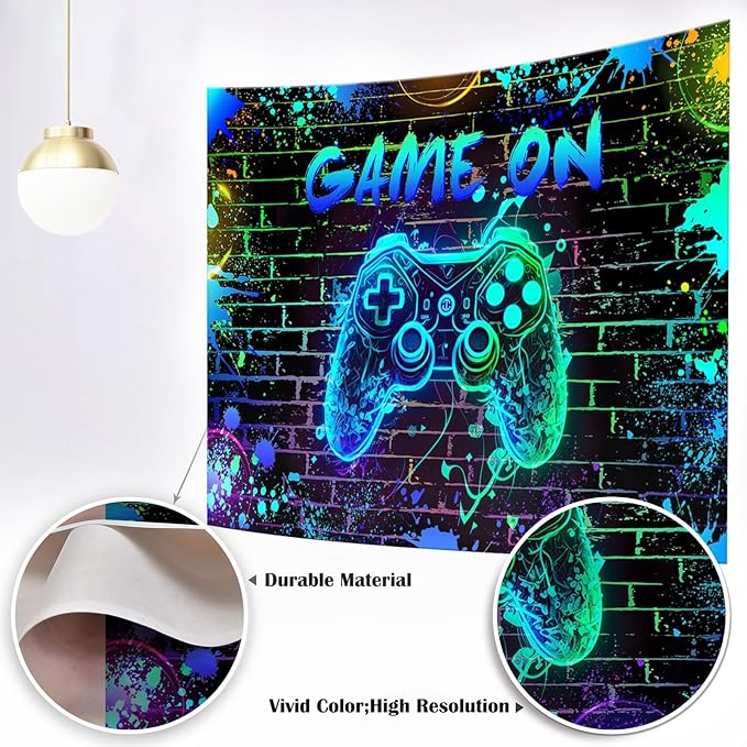 Mocsicka Game On Backdrop Video Game for Boys Level Up Birthday Party Decoration Game Night Arcade Neon Glow Gamer Banner Photography Background (Blue, 10x7ft(120"x82"))