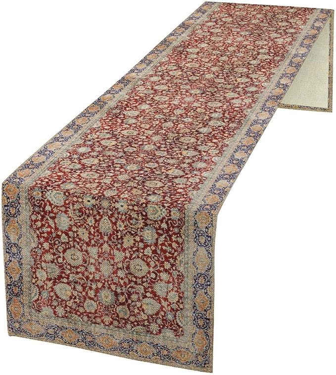 Boho Bohemia Style Table Runner, Vintage Red Blue Retro Flower Rustic Country Style Floral Print Pattern for Home Kitchen Table Decor Dining Coffee Room Garden Party Decor 13x60in