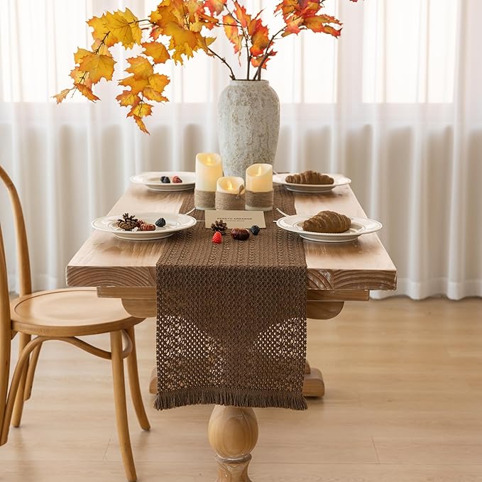 Boho Brown Table Runner for Home Decor 12x72 Inches Farmhouse Macrame Burlap Jute Rustic Dining Kitchen Centerpiece Bohemian Decor French Country Baby Bridal Shower Decorations