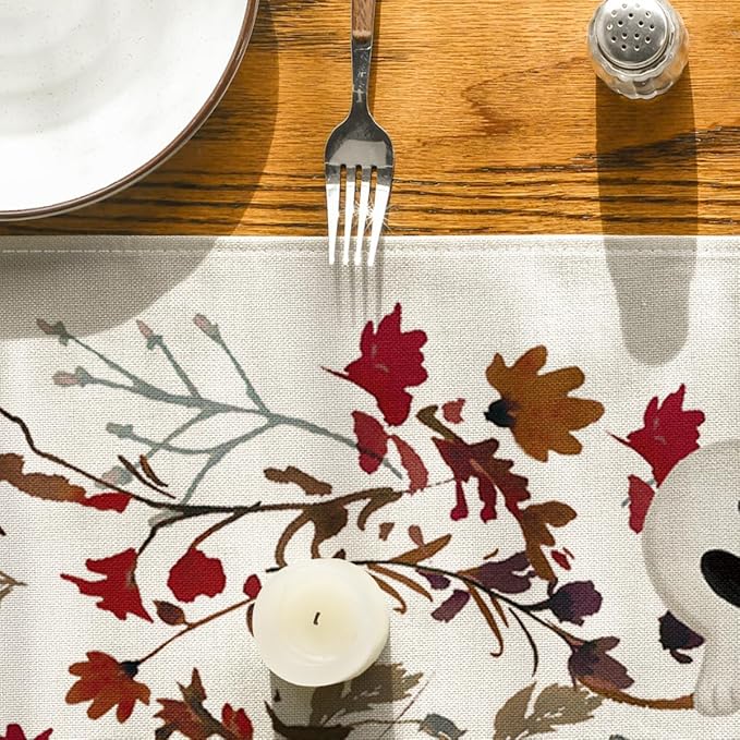 Artoid Mode Ghost Flowers Leaves 210 GSM Halloween Table Runner,Seasonal Fall Kitchen Dining Table Decoration for Home Party Decor 13x36 Inch