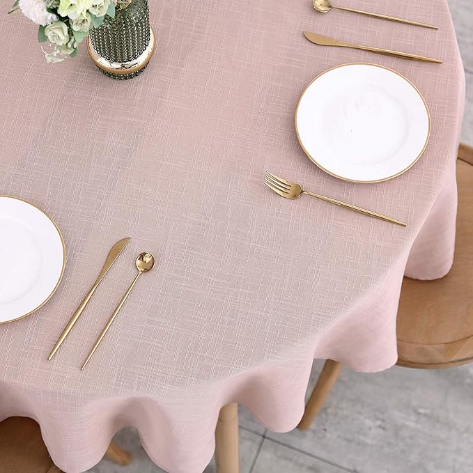maxmill Lux Faux Linen Tablecloth with Slubby Yarn Textured Weaves Wrinkle Resistant Anti-Shrink Soft Table Cloth for Kitchen Dining Restaurant Tabletop for Event Holiday Dinner Round 70 Inch Blush