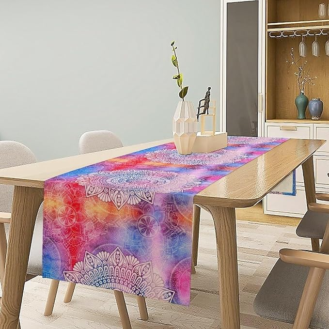 Vintage Mandala Table Runner, Bohemian Indian Purple Starry Colorful Floral Print Table Runner for Home Kitchen Dining Table Party Decor, 13x36inch