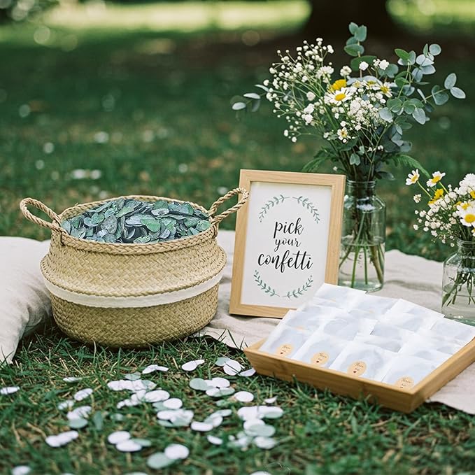 Biodegradable Confetti 10.58 Oz eucalyptus leaves Dried Flower Petals with Throw Me Stickers Confetti Biodegradable Flower Petals for Valentines Decor(Eucalyptus Leaves,Multi Color,55 Pcs)