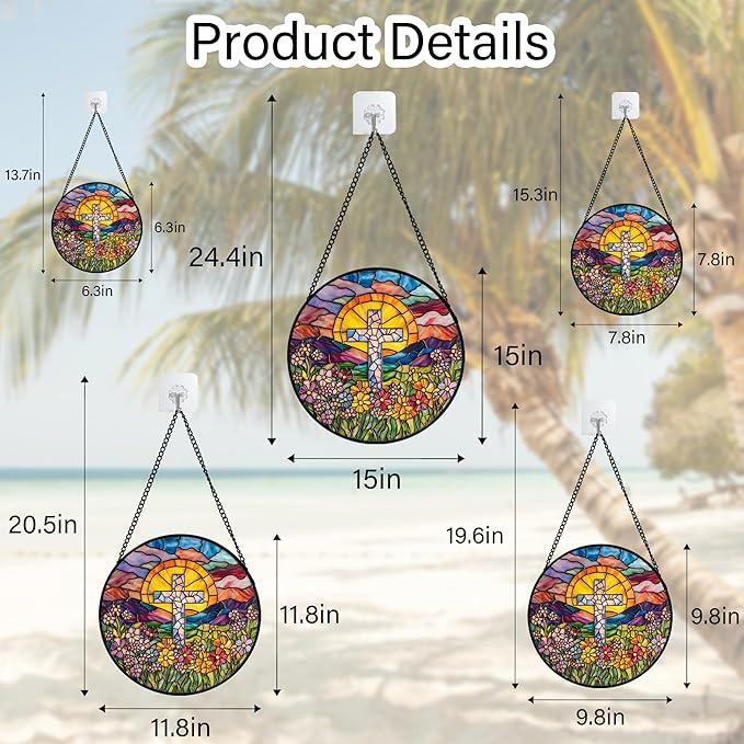 Stained Glass Window Hanging - Cross Flower Sea Sun Catcher for Door Terrace Garden Home Decor, Mountains Landscape Suncatcher Birthday Gifts for Lovers Women Men Dad Mom Nana 9.8 in