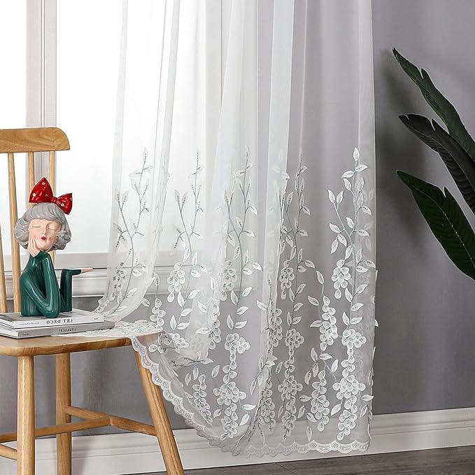 VISIONTEX White Sheer Voile Curtains, Decorative White Embossed Leaves Rod Pocket Window Drapes for Home Kitchen, Living Room and Bedroom 54 x 95 Inch, Set of 2 Curtain Panels