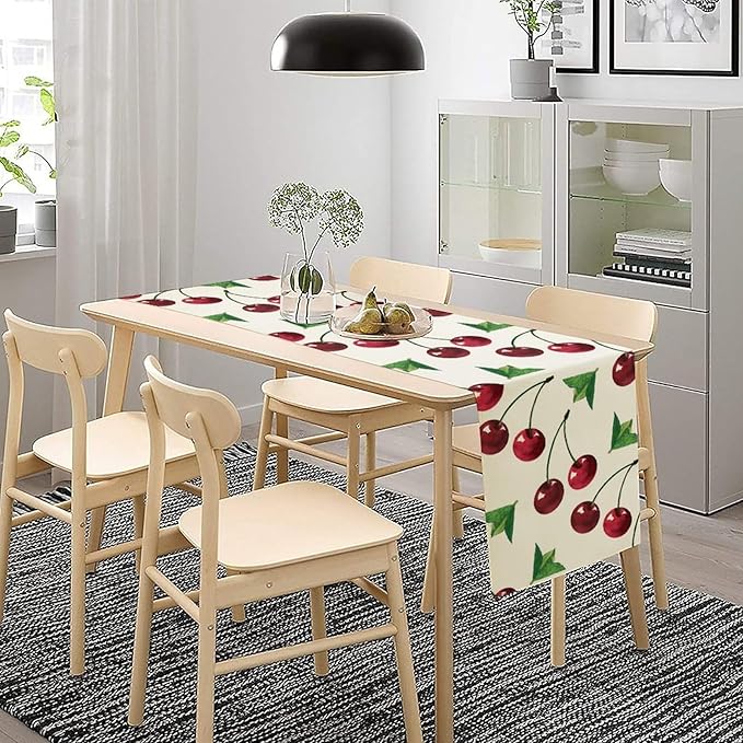Red Cherry Table Runner Watercolor Tropical Fruit Spring Summer Wild Berry Dinner Runner for Girl Baby Party Holiday Home Kitchen Dining Table Decor 13x60