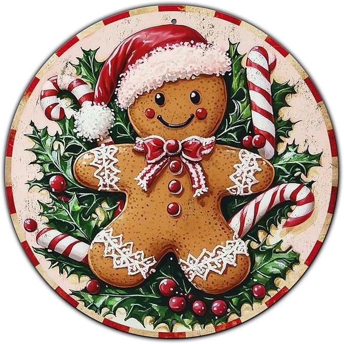 Round Christmas Metal Tin Sign Rustic Wall Decor Gingerbread Man Vintage Tin Sign Candy Canes Christmas Tin Sign for Home Garden Kitchen Bar Cafe Restaurant Garage Wall Decor 8 * 8 in