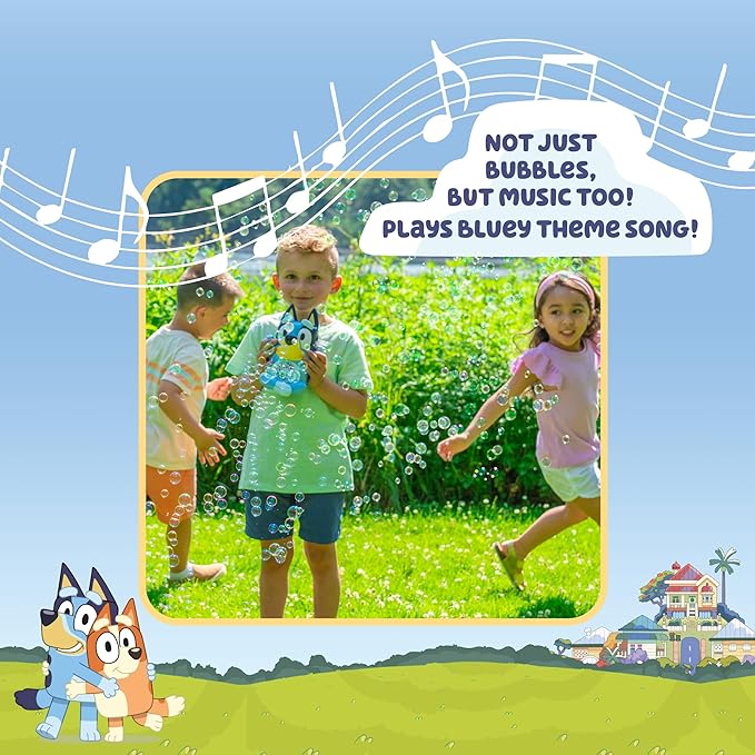 BLUEY NO Spill Musical Bubble Machine | Bubble Toy for Baby, Toddlers and Kids | Amazon Toys Exclusive with 16 oz of Extra Bubble Solution (Bubble Solution Bottle Colors Will Vary)