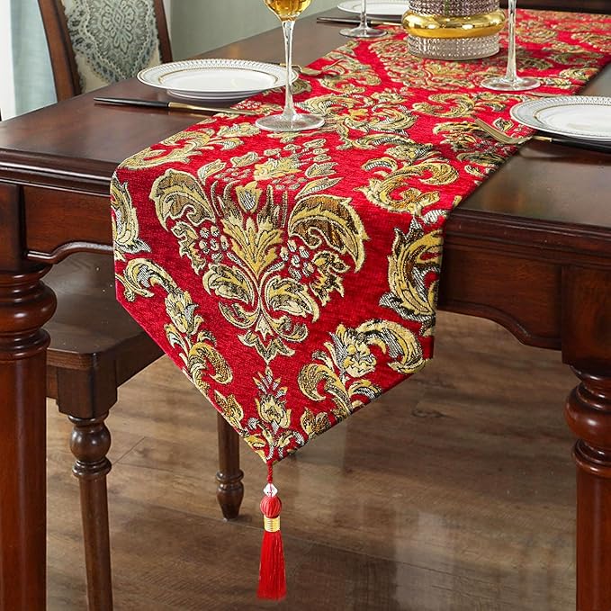 Luxury Vintage Embroidered Jacquard Table Runner Chenille Cloths - Red (13X84inch)