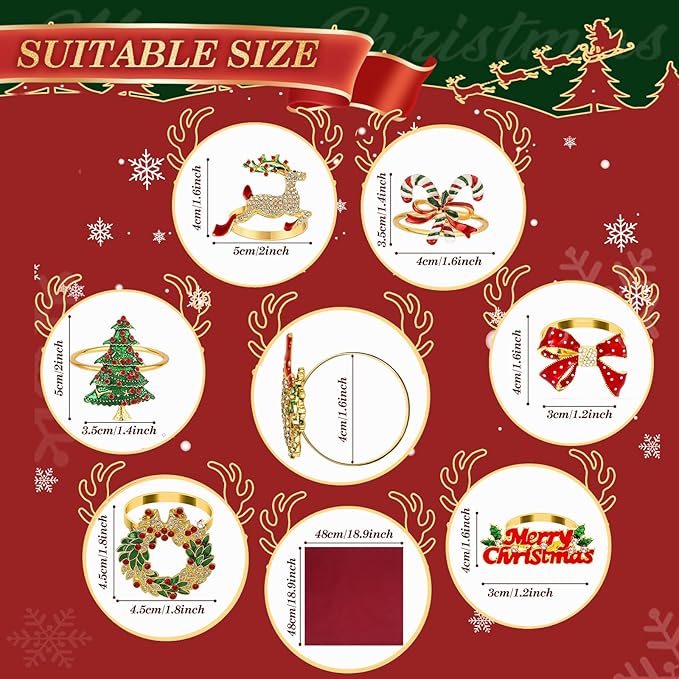 KPOSIYA 12PCS Christmas Napkin Rings Set of 6 and 6pcs Red Napkins Cloth, Metal Xmas Napkin Ring Holders for Winter Christmas Holiday Dinner Party Table Decoration