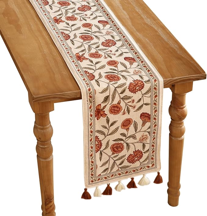ISAENNE Designer Elegant Linen Table Runner 87 Inches Long,Vintage Orange Floral Pattern Table Runners for Dining Tables,Kitchen Decor,Thanksgiving,Christmas,Banquet,12"*87"-Alvarado A