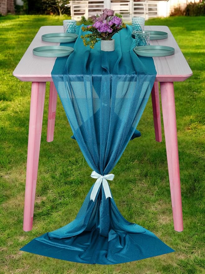 MDS 10 Pack 10ft Chiffon Table Runner 29 x 120 Inches Sheer Wedding Runner Romantic Rustic Table Runner for Wedding Decorations, Birthday Parties, Bridal Shower Party Arch Decor - Dark Teal