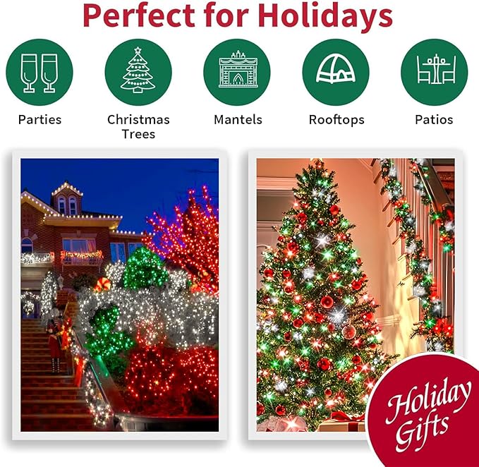 LAMPHOME 33ft Christmas Decorative Mini Lights, 100 LED Transparent Wire Fairy Starry String Lights Plug in, 16 Lighting Modes for Outdoor Xmas Tree Wedding Party Decoration (Red/Green/White)