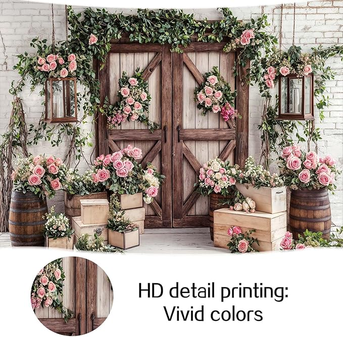 12x10ft Country Wedding Photography Backdrop Floral Rustic Roses Farmhouse Wooden Door Backdrop Pink Flower Birthday Baby Shower Wedding Bridal Party Banner Photo Booth Props Anniversary Background