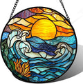Stained Glass Window Hanging, Orange Sun Blue Sea Waves Landscape Suncatcher for Doors Window Home Sun Catchers Decor Mother's Day Birthday Gifts for Women, Men Mom 6.3 in