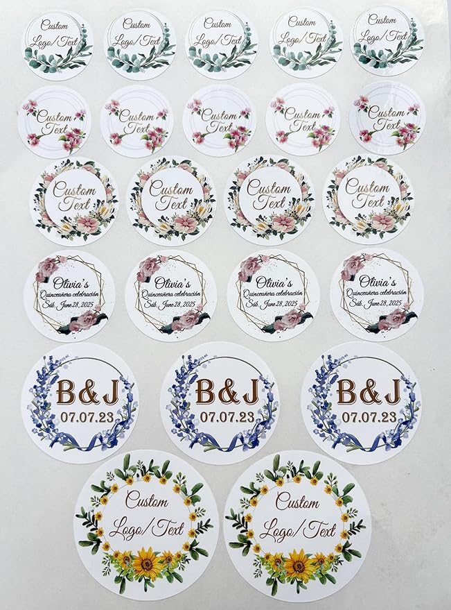 Custom Stickers for Weddings, Birthdays & Businesses - Personalized Labels with Your Logo - Waterproof, Fade and Heat Resistant - Pack of 100-1000 (Wreath C, 4 Inch)
