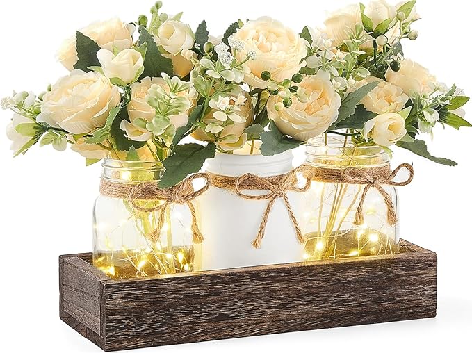 Mkono Mason Jar Lights Centerpiece Table Decor for Dining Room Farmhouse Wood Tray with 3 Jars Flowers Fall Decoration for Coffee Table Kitchen Living Room Wedding