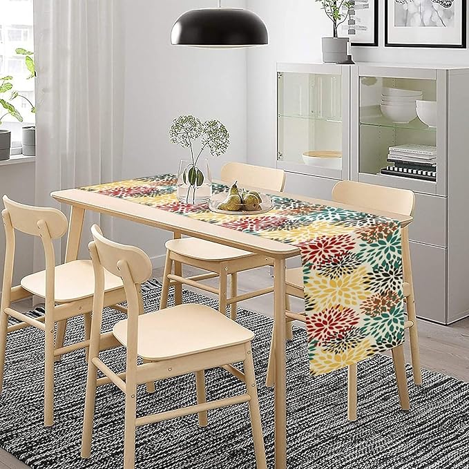 Green Red Dahlia Flower Table Runner Chrysanthemum Geometric Kitchen Dining Bedroom Living Room Table Decor for Indoor Outdoor Home Party, 13x90 Inch