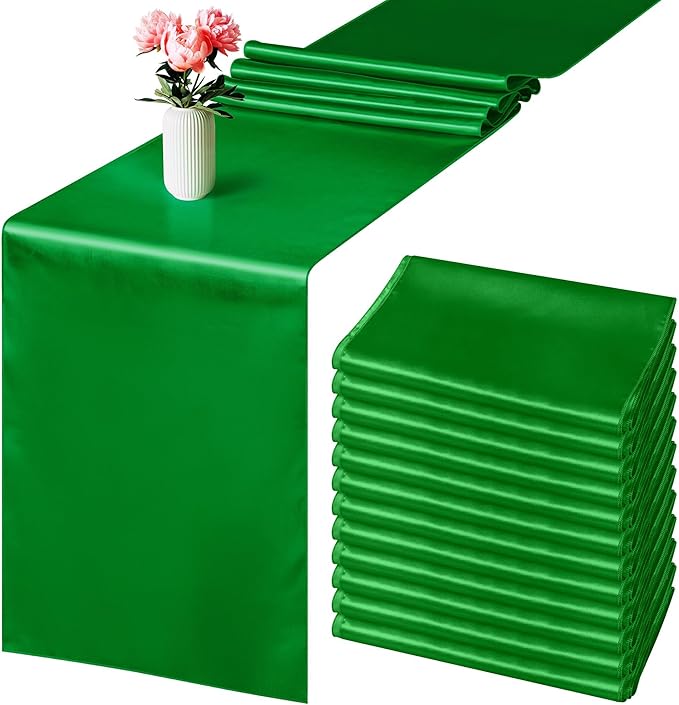 Aneco Satin 12 Pack Table Runner 12 x 108 Inch Emerald Long Wedding Satin Silk Table Runner for Wedding Banquet Graduations Birthday Party Decoration