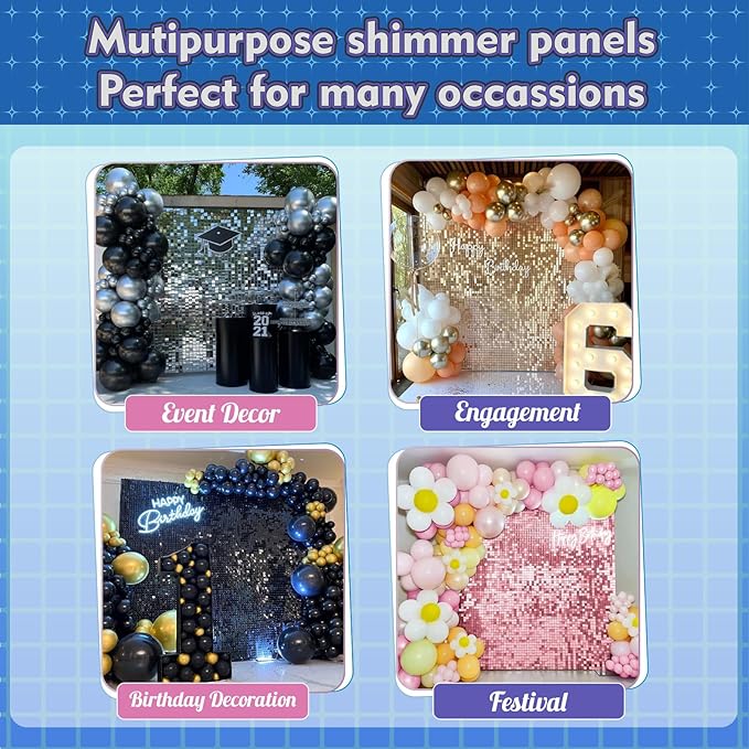 Qcity Rainbow Blue Shimmer Wall Backdrop 36PCS, Black Back Not See-Through Design, Square Sequin Glitter Backdrop Panel, Perfect for Outdoor Events, Birthdays, Wedding and Party Decoration