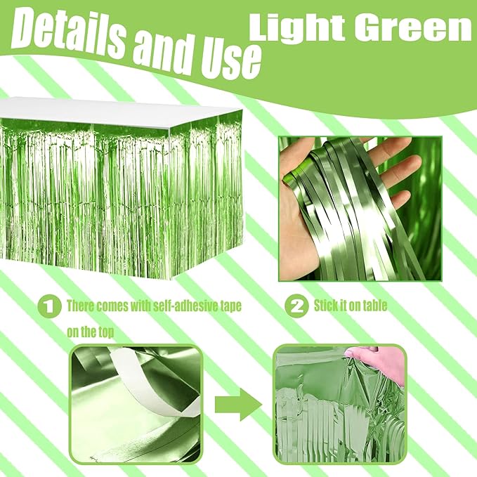 4 Pack 29x108 Inch Metallic Foil Fringe Tinsel Table Skirts for Rectangle Tables Streamer Backdrop for Wedding, Birthday, Parade Floats, Christmas, Halloween Party Decoration(Light Green)