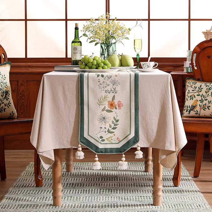 Designer Linen Table Runner,French Farmhouse Shabby Chic Floral Pattern 87 Inches Long Wrinkle Free Table Runners,Decor Tabletop for Kitchen,Dining,Party,Home,Christmas,12"*87"