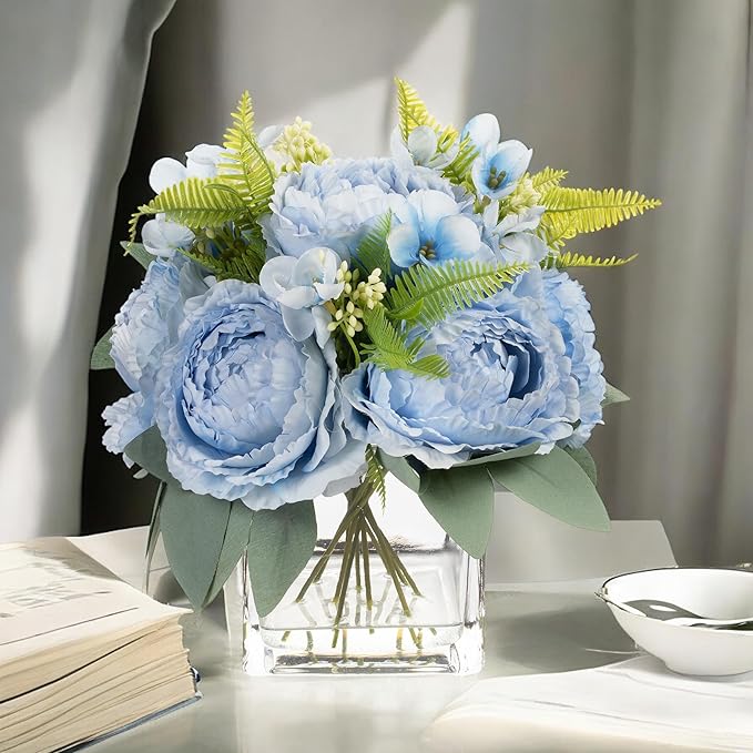 ENOVA FLORAL Artificial Flower Arrangement with Vase,Mixed Artificial Silk Peony Flower in Vase for Decoration Home Office, Wedding Centerpiece (Blue)